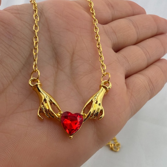 Gold Hands Holding Red Heart Necklace Romantic - Picture 8 of 11